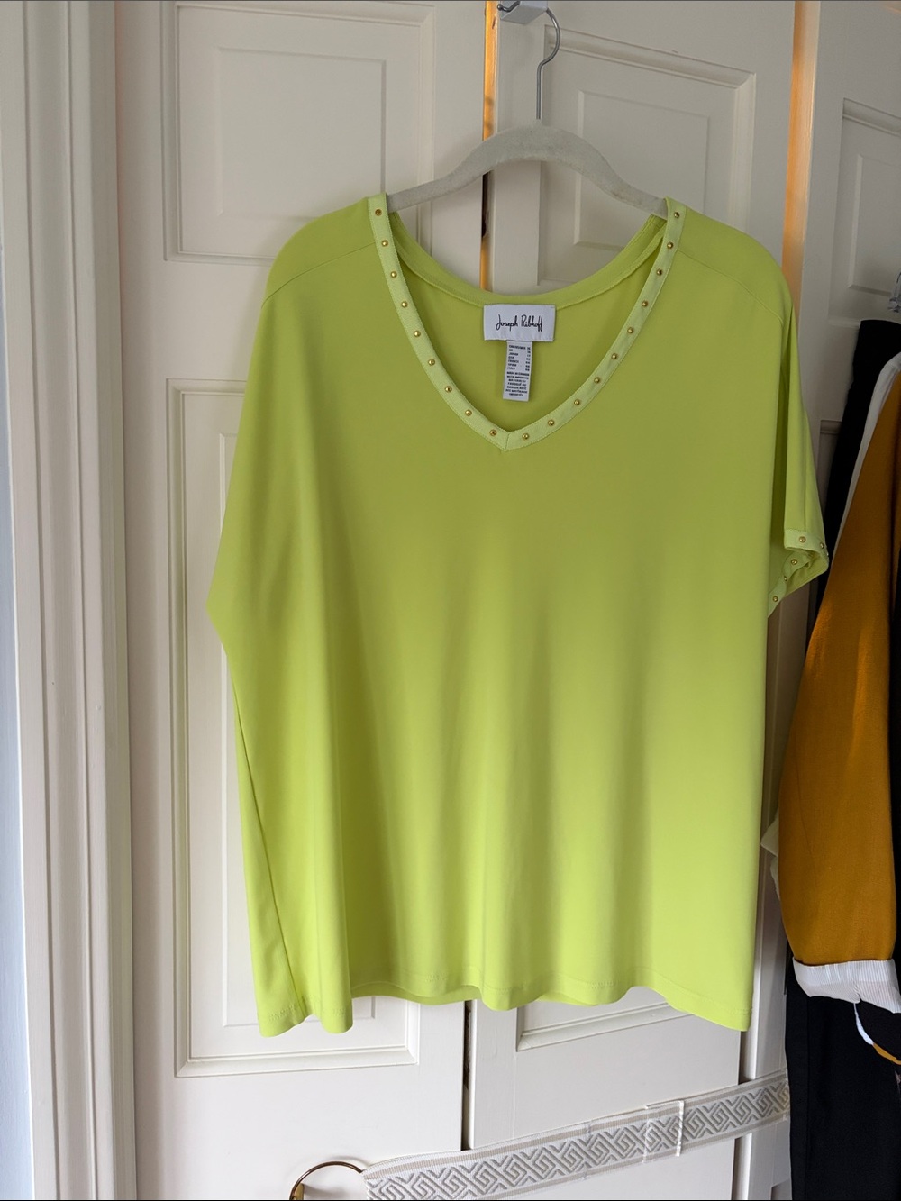Joseph Ribkoff Neon Lime V-Neck Studded ribbon Short Sleeve Top